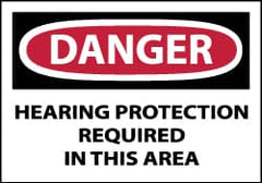 NMC - Accident Prevention Label, Header: DANGER - Legend: Danger - Hearing Protection Required in This Area, English, Red, Black & White, 5" Long x 3" High, Sign Muscle Finish - Americas Industrial Supply