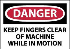 NMC - Accident Prevention Label, Header: DANGER - Legend: Danger - Keep Fingers Clear of Machine While in Motion, English, Red, Black & White, 5" Long x 3" High, Sign Muscle Finish - Americas Industrial Supply