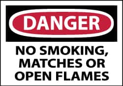 NMC - Accident Prevention Label, Header: DANGER - Legend: Danger - No Smoking, Matches or Open Flames, English, Red, Black & White, 5" Long x 3" High, Sign Muscle Finish - Americas Industrial Supply