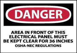 NMC - Accident Prevention Label, Header: DANGER - Legend: Danger - Area in Front of This Electrical Panel Must Be Kept Clear for 36 Inches OSHA-NEC Regulations, English, Red, Black & White, 5" Long x 3" High, Sign Muscle Finish - Americas Industrial Supply