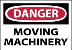 NMC - Accident Prevention Label, Header: DANGER - Legend: Danger - Moving Machinery, English, Red, Black & White, 5" Long x 3" High, Sign Muscle Finish - Americas Industrial Supply