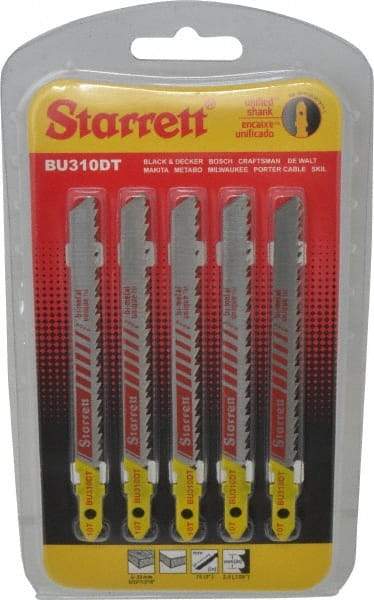 Starrett - 4" Long, 10 Teeth per Inch, Bi-Metal Jig Saw Blade - Toothed Edge, 5/16" Wide x 0.05" Thick, U-Shank, Ground Taper Tooth Set - Americas Industrial Supply