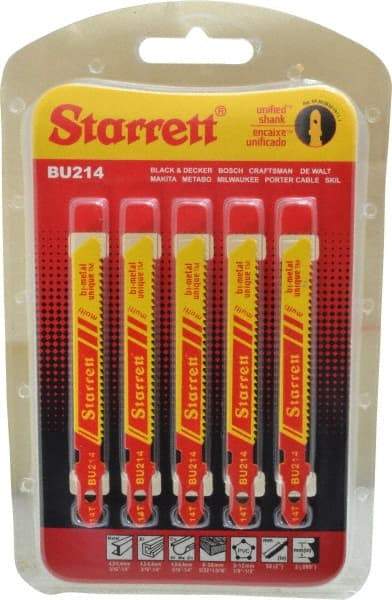 Starrett - 3" Long, 14 Teeth per Inch, Bi-Metal Jig Saw Blade - Toothed Edge, 5/16" Wide x 0.04" Thick, U-Shank, Wavy Tooth Set - Americas Industrial Supply