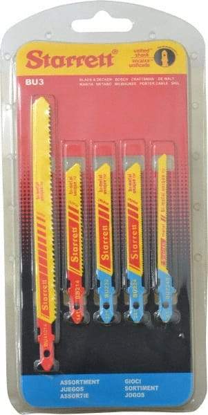 Starrett - 5 Piece, 3" to 5" Long, 10-14 to 32 Teeth per Inch, Bi-Metal Jig Saw Blade Set - Toothed Edge, 3/16" to 3/8" Wide, 0.04" to 0.04" Thick, U-Shank - Americas Industrial Supply