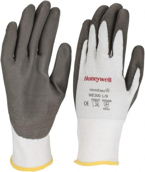 Honeywell - Size L (9), ANSI Cut Lvl 3, Abrasion Lvl 5, Polyurethane Coated Cut Resistant Gloves - 9.5" Long, Palm & Fingers Coated, HPPE Lining, Knit Wrist, Light Gray/Gray, Paired - Americas Industrial Supply