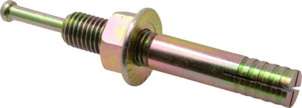 Wej-It - 3/4" Diam, 3/4" Drill, 5" OAL, 1-3/8" Min Embedment Hammer Drive Concrete Anchor - 1018 Iron (Pin)/Steel (Body), Zinc Yellow Dichromate Finish, Hex Nut Head, Hex Drive - Americas Industrial Supply