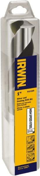 Irwin - 1" Drill, 118° Point, High Speed Steel Silver Deming & Reduced Shank Drill Bit - Bright Finish, 6" OAL, Flats on Shank, 3" Flute Length, Right Hand Cut, Standard Point, Spiral Flute, Regular Spiral - Americas Industrial Supply