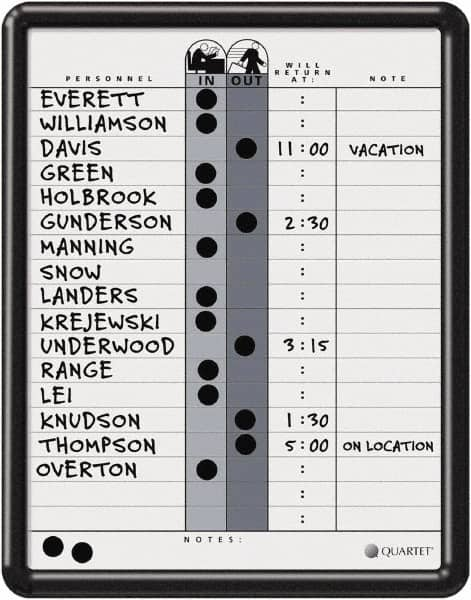 Quartet - 14" High x 11" Wide Magnetic Dry Erase In/Out - Porcelain, Includes Water-Soluble Ink Marker, Magnetic In/Out Circles, Magnetic Name Strips, Self-Stick Vinyl Letters & Wet-Erase Magnetic Remark Strips - Americas Industrial Supply