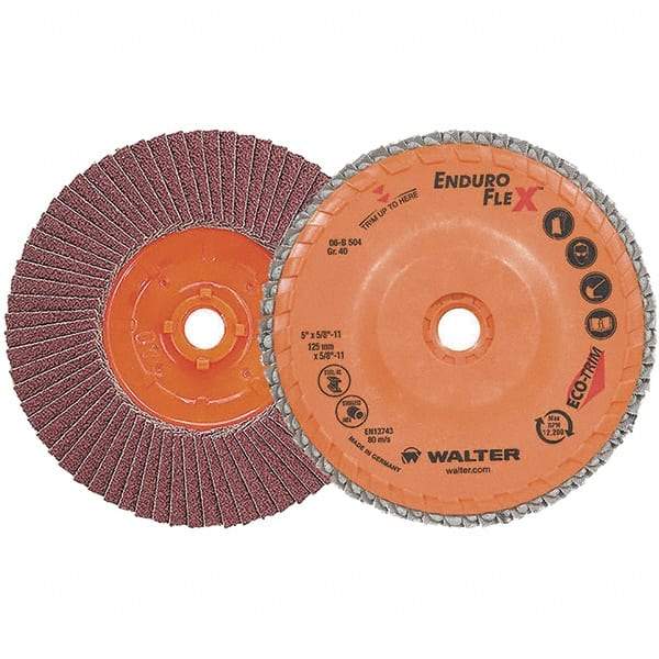 WALTER Surface Technologies - 40 Grit, 5" Disc Diam, 5/8-11 Center Hole, Zirconia Alumina Flap Disc - 13,300 Max RPM, Plastic Backing, Arbor Attaching System, Coated - Americas Industrial Supply