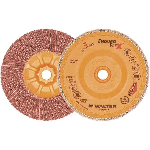 WALTER Surface Technologies - 60 Grit, 5" Disc Diam, 5/8-11 Center Hole, Zirconia Alumina Flap Disc - 13,300 Max RPM, Plastic Backing, Arbor Attaching System, Coated - Americas Industrial Supply