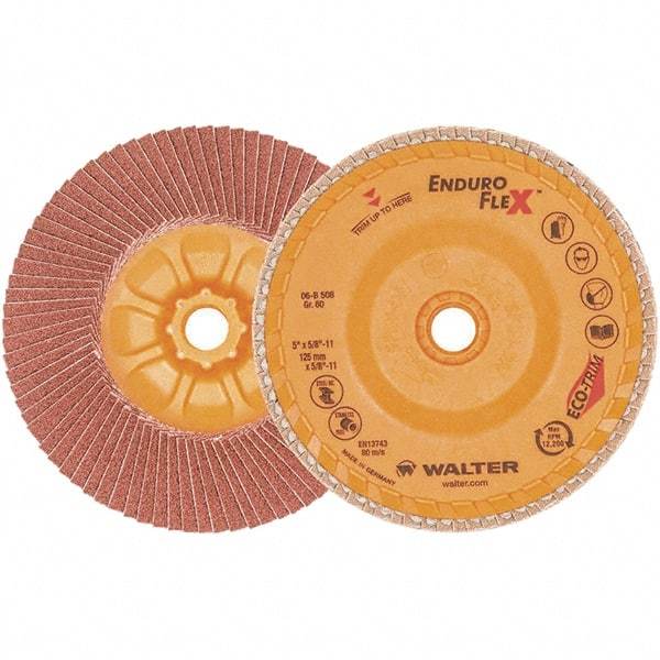 WALTER Surface Technologies - 80 Grit, 5" Disc Diam, 5/8-11 Center Hole, Zirconia Alumina Flap Disc - 13,300 Max RPM, Plastic Backing, Arbor Attaching System, Coated - Americas Industrial Supply