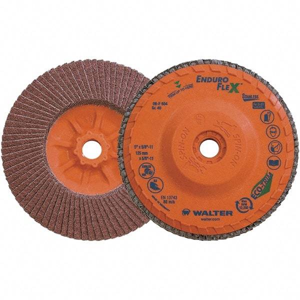WALTER Surface Technologies - 40 Grit, 5" Disc Diam, 5/8-11 Center Hole, Zirconia Alumina Flap Disc - 8,600 Max RPM, Plastic Backing, Arbor Attaching System, Coated - Americas Industrial Supply
