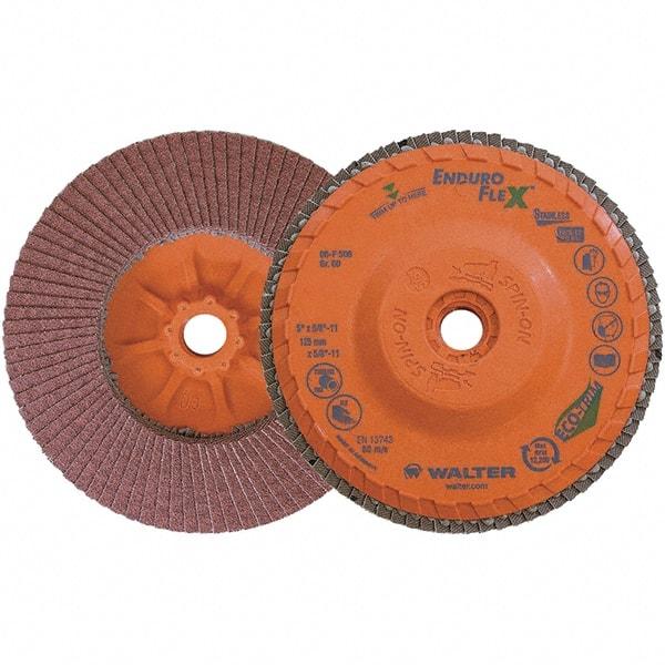 WALTER Surface Technologies - 60 Grit, 5" Disc Diam, 5/8-11 Center Hole, Zirconia Alumina Flap Disc - 8,600 Max RPM, Plastic Backing, Arbor Attaching System, Coated - Americas Industrial Supply