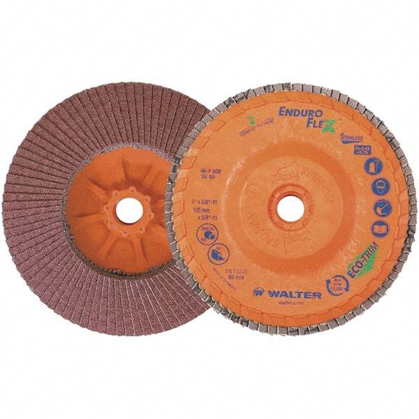 WALTER Surface Technologies - 80 Grit, 5" Disc Diam, 5/8-11 Center Hole, Zirconia Alumina Flap Disc - 8,600 Max RPM, Plastic Backing, Arbor Attaching System, Coated - Americas Industrial Supply
