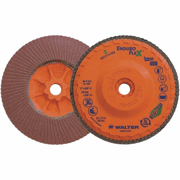 WALTER Surface Technologies - 120 Grit, 5" Disc Diam, 5/8-11 Center Hole, Zirconia Alumina Flap Disc - 8,600 Max RPM, Plastic Backing, Arbor Attaching System, Coated - Americas Industrial Supply