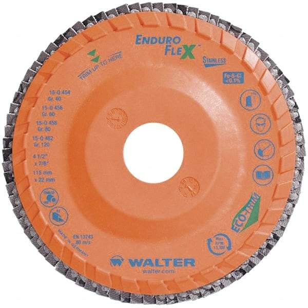 WALTER Surface Technologies - 40 Grit, 4-1/2" Disc Diam, 7/8" Center Hole, Zirconia Alumina Flap Disc - 13,300 Max RPM, Plastic Backing, Arbor Attaching System, Coated - Americas Industrial Supply