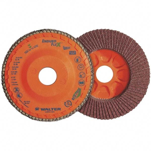 WALTER Surface Technologies - 80 Grit, 4-1/2" Disc Diam, 7/8" Center Hole, Zirconia Alumina Flap Disc - 13,300 Max RPM, Plastic Backing, Arbor Attaching System, Coated - Americas Industrial Supply
