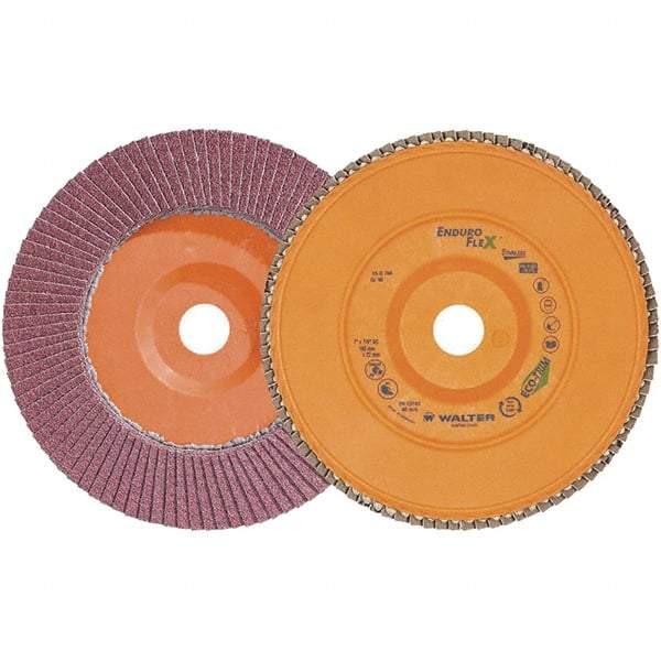 WALTER Surface Technologies - 40 Grit, 7" Disc Diam, 7/8" Center Hole, Zirconia Alumina Flap Disc - 8,600 Max RPM, Plastic Backing, Arbor Attaching System, Coated - Americas Industrial Supply