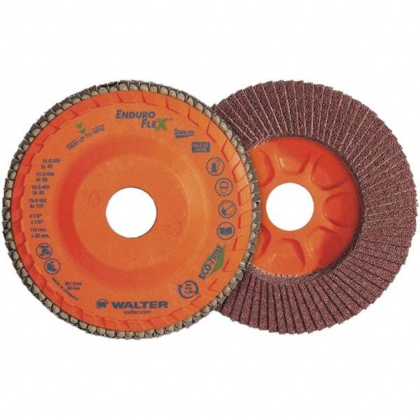 WALTER Surface Technologies - 120 Grit, 7" Disc Diam, 7/8" Center Hole, Zirconia Alumina Flap Disc - 8,600 Max RPM, Plastic Backing, Arbor Attaching System, Coated - Americas Industrial Supply