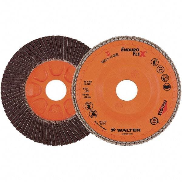 WALTER Surface Technologies - 120 Grit, 4-1/2" Disc Diam, 7/8" Center Hole, Zirconia Alumina Flap Disc - 13,300 Max RPM, Plastic Backing, Arbor Attaching System, Coated - Americas Industrial Supply