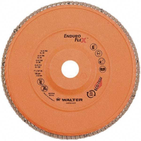WALTER Surface Technologies - 120 Grit, 7" Disc Diam, 7/8" Center Hole, Zirconia Alumina Flap Disc - 8,600 Max RPM, Plastic Backing, Arbor Attaching System, Coated - Americas Industrial Supply