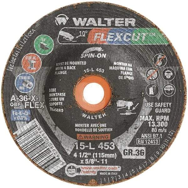 WALTER Surface Technologies - 4-1/2" Diam x 5/8" Hole, 36 Grit Surface Grinding Wheel - Aluminum Oxide, Very Coarse Grade, 13,300 Max RPM - Americas Industrial Supply