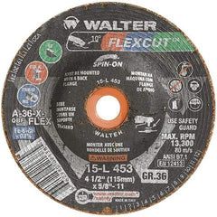WALTER Surface Technologies - 4-1/2" Diam x 5/8" Hole, 36 Grit Surface Grinding Wheel - Aluminum Oxide, Very Coarse Grade, 13,300 Max RPM - Americas Industrial Supply