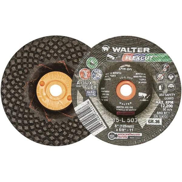 WALTER Surface Technologies - 5" Diam x 5/8" Hole, 36 Grit Surface Grinding Wheel - Aluminum Oxide, Very Coarse Grade, 12,200 Max RPM - Americas Industrial Supply