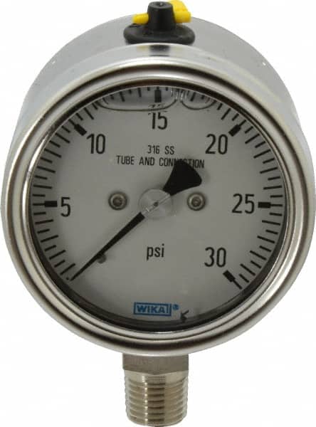 Wika - 2-1/2" Dial, 1/4 Thread, 30 Scale Range, Pressure Gauge - Lower Connection Mount, Accurate to 2-1-2% of Scale - Americas Industrial Supply