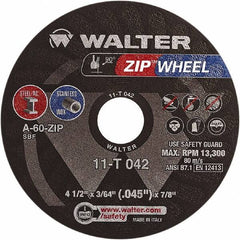 WALTER Surface Technologies - 4-1/2" 60 Grit Aluminum Oxide Cutoff Wheel - 3/64" Thick, 7/8" Arbor, 13,300 Max RPM, Use with Angle Grinders - Americas Industrial Supply