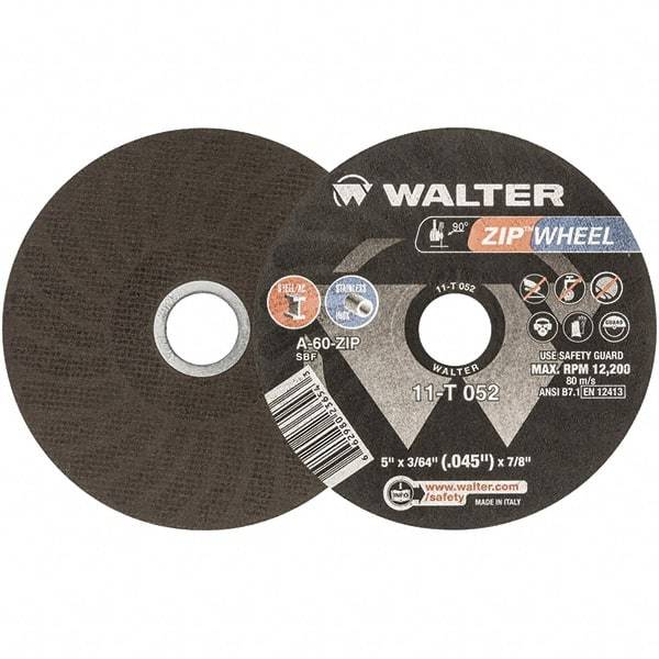 WALTER Surface Technologies - 5" 60 Grit Aluminum Oxide Cutoff Wheel - 3/64" Thick, 7/8" Arbor, 12,200 Max RPM, Use with Angle Grinders - Americas Industrial Supply