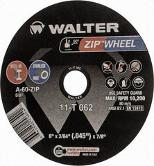 WALTER Surface Technologies - 6" 60 Grit Aluminum Oxide Cutoff Wheel - 3/64" Thick, 7/8" Arbor, 10,200 Max RPM, Use with Angle Grinders - Americas Industrial Supply