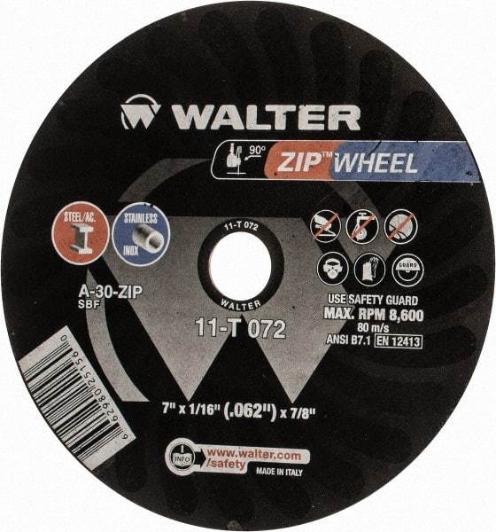 WALTER Surface Technologies - 7" 30 Grit Aluminum Oxide Cutoff Wheel - 1/16" Thick, 7/8" Arbor, 8,600 Max RPM, Use with Angle Grinders - Americas Industrial Supply