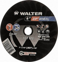 WALTER Surface Technologies - 7" 30 Grit Aluminum Oxide Cutoff Wheel - 1/16" Thick, 7/8" Arbor, 8,600 Max RPM, Use with Angle Grinders - Americas Industrial Supply