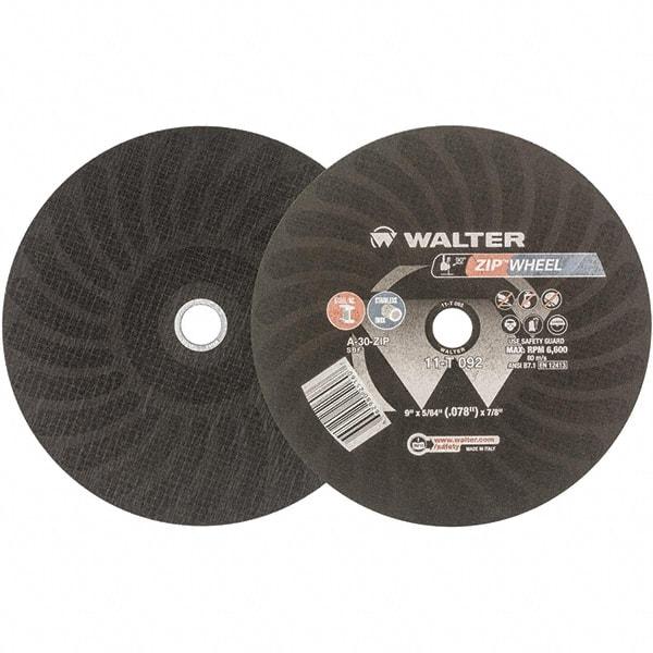 WALTER Surface Technologies - 9" 30 Grit Aluminum Oxide Cutoff Wheel - 5/64" Thick, 7/8" Arbor, 6,800 Max RPM, Use with Angle Grinders - Americas Industrial Supply