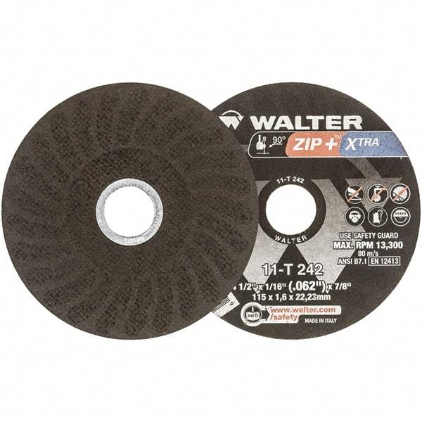 WALTER Surface Technologies - 4-1/2" 46 Grit Aluminum Oxide Cutoff Wheel - 1/16" Thick, 7/8" Arbor, 13,300 Max RPM, Use with Angle Grinders - Americas Industrial Supply