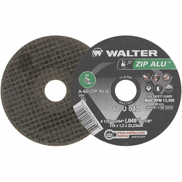 WALTER Surface Technologies - 4-1/2" 60 Grit Aluminum Oxide Cutoff Wheel - 3/64" Thick, 7/8" Arbor, 13,300 Max RPM, Use with Angle Grinders - Americas Industrial Supply
