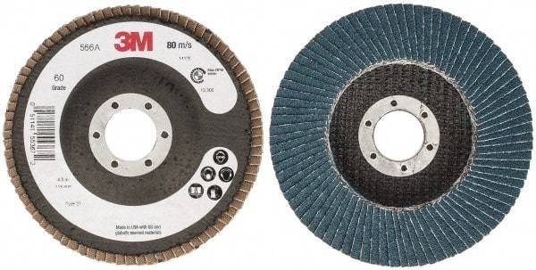 3M - 60 Grit, 4-1/2" Disc Diam, 7/8" Center Hole, Type 27 Zirconia Alumina Flap Disc - 13,300 Max RPM, Cloth Backing, Arbor Attaching System, Coated - Americas Industrial Supply