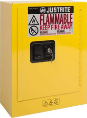 Justrite - 1 Door, 1 Shelf, Yellow Steel Space Saver Safety Cabinet for Flammable and Combustible Liquids - 22" High x 17" Wide x 8" Deep, Manual Closing Door, 2 Gal Capacity - Americas Industrial Supply