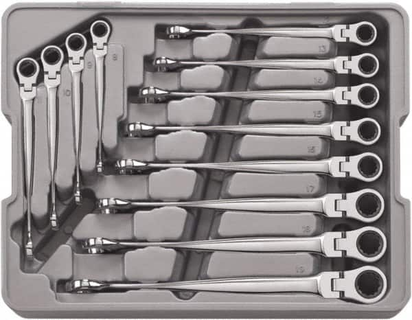 GearWrench - 12 Piece, 8mm to 19mm, 12 Point Ratcheting Combination Wrench/X-Beam Set - Metric Measurement Standard, Chrome Finish, Comes in Plastic Tray - Americas Industrial Supply