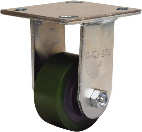 Hamilton - 3-1/4" Diam x 1-1/2" Wide x 5-1/4" OAH Top Plate Mount Rigid Caster - Polyurethane Mold onto Cast Iron Center, 475 Lb Capacity, Straight Roller Bearing, 4 x 4-1/2" Plate - Americas Industrial Supply