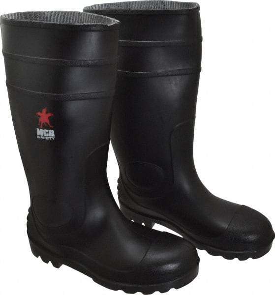 MCR Safety - Men's Size 9 Medium Width Steel Knee Boot - Black, PVC Upper, 16" High, Non-Slip, Waterproof - Americas Industrial Supply