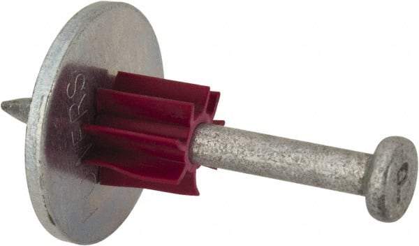 Powers Fasteners - 0.145" Shank Diam, 7/8" Washer Diam, Grade 1062 Steel Powder Actuated Drive Pin with Washer - 0.3" Head Diam, 1-1/2" Shank Length - Americas Industrial Supply