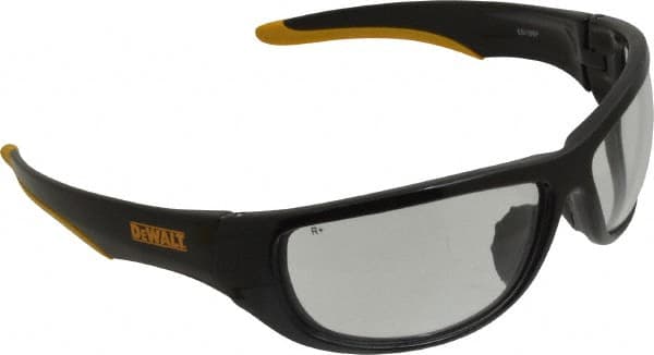 DeWALT - Clear Lenses, Framed Safety Glasses - Scratch Resistant, Black/Yellow Nylon/Rubber Frame, Size Universal, Wrap Around - Americas Industrial Supply