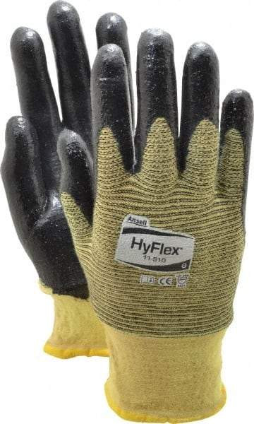 Ansell - Size M (8), ANSI Cut Lvl 2, Abrasion Lvl 3, Nitrile Coated Cut Resistant Gloves - Palm & Fingers Coated, Kevlar Lining, Knit Wrist, Black/Yellow, Paired - Americas Industrial Supply