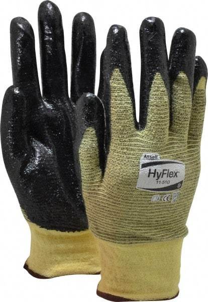 Ansell - Size L (9), ANSI Cut Lvl 2, Abrasion Lvl 3, Nitrile Coated Cut Resistant Gloves - Palm & Fingers Coated, Kevlar Lining, Knit Wrist, Black/Yellow, Paired - Americas Industrial Supply