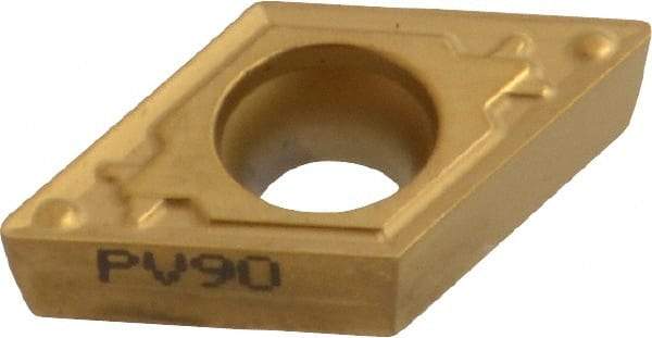 Kyocera - DCMT32.51 HQ Grade PV90 Cermet Turning Insert - TiN Finish, 55° Diamond, 3/8" Inscr Circle, 5/32" Thick, 1/64" Corner Radius - Americas Industrial Supply