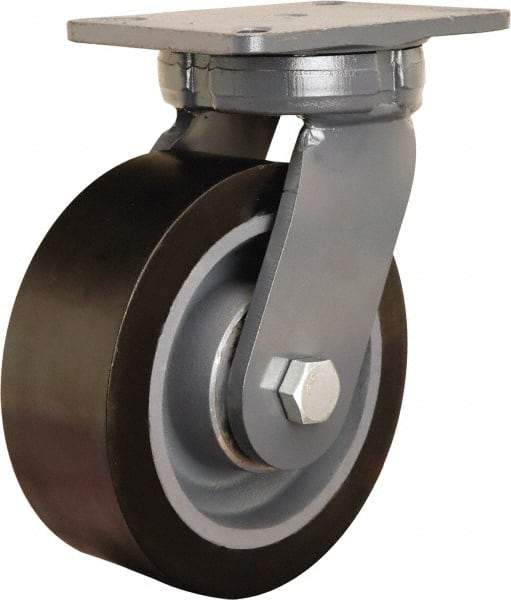 Hamilton - 8" Diam x 3" Wide x 10-1/2" OAH Top Plate Mount Swivel Caster - Polyurethane Mold on Forged Steel, 4,500 Lb Capacity, Tapered Roller Bearing, 5-1/4 x 7-1/4" Plate - Americas Industrial Supply