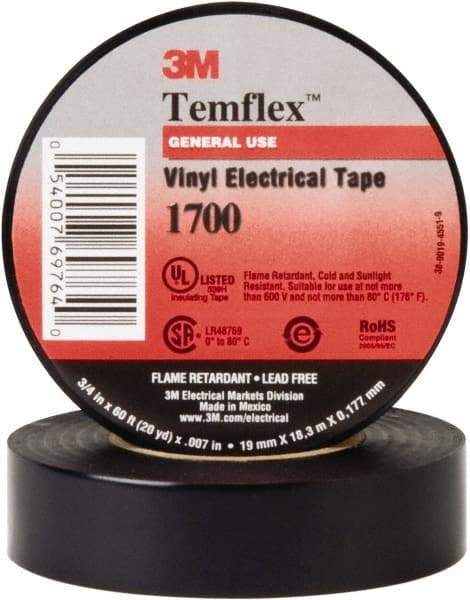 3M - 1" x 66', Black Vinyl Electrical Tape - Series 1700, 7 mil Thick, Over 1000 V/mil Dielectric Strength, 17 Lb./Inch Tensile Strength - Americas Industrial Supply