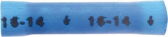 3M - 16 to 14 AWG Compatible, Vinyl Fully Insulated, Crimp-On Butt Splice Terminal - 2 Wire Entries, 1.08" OAL, Blue - Americas Industrial Supply